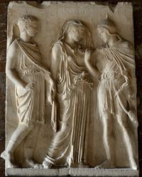 Amphion and Zethus reunited with Antiope, their mother. ⠀ Relief. Greek copy of ca. 50 BCE from a Greek original of 430-420 BCE. Penthelic marble.