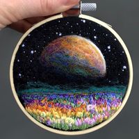 All my paintings are full improvisation and artistic fantasy.This piece "Rainbow world" is hand felted and embroidered on a fake wooden frame hoop. So you can hang it on the wall in a hoop. It is inspired on space sky and created in perspective.This can be a great sentimental gift for your friendsoulmate. ***I hope this painting inspires you, awakens positive emotions. It is a portal to another world that belongs only to you ***DIMENSIONS:Hoop area: 9 cm Embroidered & felted area: 8 m *** Please