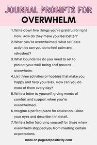 Are you struggling with overwhelm? Explore good journal prompts for overwhelm to regain balance and inner peace. Use these journaling prompts for overwhelm to reflect, practice self-care, and find clarity amidst the chaos. Embrace the journey of reclaiming control with the help of these journal prompts for mental health. Writing prompts for overwhelm. Writing ideas for overwhelm.