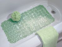 This translucent, flexible shower mat offers smooth and textured faux pebbles beneath your feet, giving your bathtub a look that hearkens back to nature and looks even better in the water. Adorning the bottom of the mat are numerous suction cups that stick to your bathtub to ensure a slip-free wash. Soft, pliable blue plastic construction cuts easily with scissors or a blade to provide an exact fit. Brand Name: iDesign Length: 26-1/2 in. Width: 13-3/4 in. Color: Green Material: Vinyl Product Typ