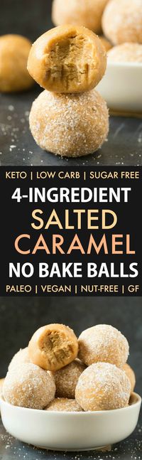 Healthy No Bake Salted Caramel Protein Bliss Balls (Paleo, Vegan, Keto, Sugar Free)- an easy nut-free and kid-friendly recipe for 4-ingredient healthy salted caramel energy balls- No sugar, peanut butter-free- A salted caramel fat bomb! #fatbombs #blissballs #vegan #paleo #keto | Recipe on thebigmansworld.com