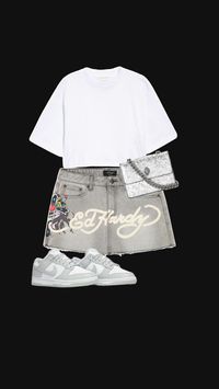 shirt - any white tee. skirt - ed hardy skirt. purse - kurt mini bag. shoes - low dunks (maybe grey)