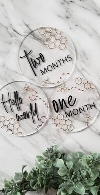 These cute bee themed monthly milestone discs are a great photo prop as month by month tracker. The design features gold chrome vinyl bees and honeycombs, with black matte text. The round acrylic disks are 4inch wide and 3mm thick. They are available in two different acrylics (solid white or clear).  The disks are sold in either sets of 12 ( 1 month- 12 months) or 13 ( hello world and 12 months- 1 year OR Name and 1 month - 12 months). HOW TO ORDER: 1) From the drop down menu pick a set 2) Choos