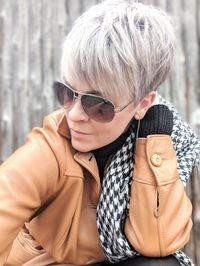 silver pixie. aviators and that vintage leather blazer.