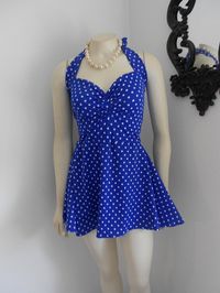 Blue and White Polka dot Retro One Piece Swimdress swimsuit Maillot Pin Up Made to Order. $98.50, via Etsy.