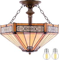 WERFACTORY Tiffany Ceiling Light Fixture Yellow Hexagon Stained Glass Mission Semi Flush Mount Lamp Wide 16 Inch Height 15 Inch Tiffany Ceiling Lamp S011 Series - Amazon.com