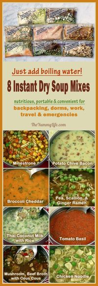 Just add boiling water for instant, nutritious soups perfect for backpacking, camping, dorms, office, travel, and emergencies.