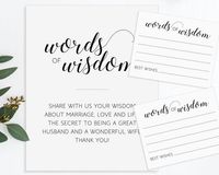 These elegant printable Words of Wisdom cards and matching sign will be a perfect alternative to a traditional wedding guest book. This design features a combination of handwriting and block fonts in black and there's space available for guests to leave their marriage advice and their name(s) on the cards. Just download, print, display your sign and cards. (Please note - nothing will be shipped to you, this is a digital product)/ HIGH RESOLUTION FILES INCLUDED• 8" x 10" JPG sign• 8" x 10" PDF (w