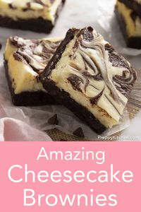 You'll love these delicious cheesecake brownies with a rich, fudgy chocolate base and a light, perfectly sweet cheesecake topping swirled with chocolate. The slight tang of cream cheese really compliments that chocolate flavor and makes for a balanced bite.