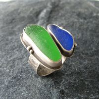 Double Sea Glass Ring in Emerald and Cobalt Blue Beach Glass Ring Size 6-6 1/2