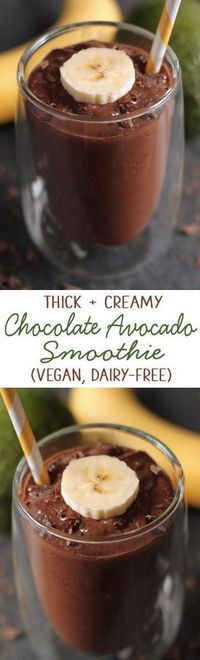 This healthy chocolate avocado smoothie is quick, simple and ultra creamy! Doesn't taste a bit like avocados and can also be made as pudding {naturally gluten-free, paleo, with vegan + dairy-free options}