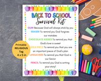 Printable Back To School Survival Kit Gift Tag - Religious Tag - Christian Kids Inspiration - Instant Download - 4 x 6 inches Description: Bring a touch of faith and encouragement to your back to school gifts with our beautifully designed "Back To School Survival Kit" Gift Tag! Perfect for kids first day of school or students back to school, this printable tag is an ideal way to add a heartfelt message to your presents, reminding your loved ones of God's love and strength. Product Details: Insta