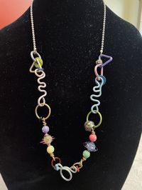 Modernist Necklace 30" Chain Colorful Pink Green Beads Metal Squiggles & Discs