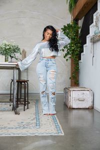 Ships 10/17 These high waist jeans are everything. Super distressed! Dress them up or down!  Model is wearing a size medium.   100% cotton