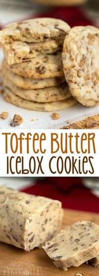 You're just six ingredients away from these glorious, melt in your mouth, Toffee Butter Icebox Cookies! Deliciously buttery and perfectly rich, this easy cookie recipe is the perfect dessert for any day! // Mom On Timeout #cookies #sliceandbake #iceboxcookies #baking #toffee #desserts #dessert #easyrecipe