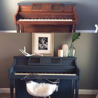 DIY painted piano! Used Valspar chalk paint in Opera Gown. No sanding! Just wiped it down! Took and hour and half! Instead of using tape to paint around the keys... I cut a piece of cardboard from a cereal box, pushed the keys down, inserted the card board in between keys and wood and it gave me a clean line while protecting the keys from paint! Then slid the cardboard down the piano and repeated steps until done! Easiest thing I have ever painted! I thought it would take super long and be hard!