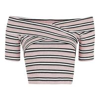 Petite Topshop Stripe Off the Shoulder Crop Top ($35) ❤ liked on Polyvore featuring tops, striped off shoulder top, short sleeve tops, off shoulder short sleeve top, striped top and stripe top