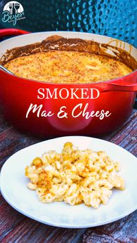 Smoked mac and cheese is an over the top macaroni and cheese recipe using a cheesy garlic white sauce combined with four kinds of cheese and then smoked on the Big Green Egg for an hour.