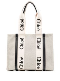 White linen/cotton/calf leather Woody tote bag from CHLOÉ featuring logo trim, circular top handles and open top.