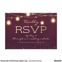 Elegant burgundy and gold string lights wedding RSVP card.  This card allows your guests to respond on your wedding website.  #zazzlemade