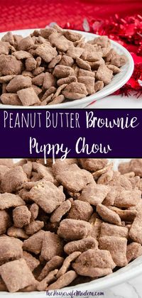 Peanut Butter Brownie Puppy Chow Recipe. The delicious brownie twist on classic Chex mix muddy buddies is going to leave people begging for more. #browniebatterpuppychow #browniepuppychow #peanutbutterbrowniepuppychow #puppychow #muddybuddies #browniemuddybuddies