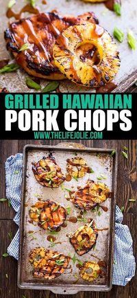 These Grilled Hawaiian Pork Chops are an easy recipe for a quick weeknight dinner. It's really easy to marinate in things like soy sauce and brown sugar and goes great with grilled pineapple and rice. This mouthwatering sweet and savory dish is the perfect summer meal! via @thelifejolie