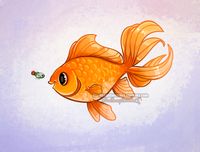 4.5"x6" art print of a goldfish meeting a new friend!  ★ Printed on matte cardstock.  ★ Original artwork by StarSheepSweaters!  --  ★ Due to different monitors and color calibrations, colors of the product may vary from what is seen in the picture.