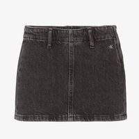 A washed black mini skirt by American designer Calvin Klein, made in soft cotton denim. In a modern, mid-rise style it has an embroidered CK monogram logo on the back, with a smaller logo on the front. It fastens neatly on the side with a zip and has an adjustable waist to ensure a comfortable fit. This item is made with at least 20% recycled cotton.