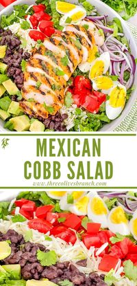 Mexican Cobb Salad is a fresh and healthy Mexican recipe! Great as a meal prep lunch or dinner. Add chicken, shrimp, or steak of desired. Topped with cilantro, tomato, egg, avocado, beans, onion, and more with a vinaigrette dressing.