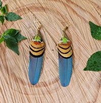 Atl Tecuani "Water Tiger" unique handmade feather pair earrings. Ethically sourced  No birds where harmed to make these earrings, Feathers are collected from bird sanctuary in Mexico.