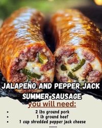 Jalapeño and Pepper Jack Summer Sausage 🌶️🧀  I still remember summer picnics with my dad, where he'd bring his homemade sausage, and everyone would gather around to taste it. This Jalapeño and Pepper Jack Summer Sausage brings back those delicious memories, adding a spicy twist to any gathering!  • Ingredients:  2 lbs ground pork 1 lb ground beef 1 cup shredded pepper jack cheese 2 jalapeños (seeded and diced) ¼ cup cold water 2 tbsp curing salt 2 tsp garlic powder 2 tsp onion powder 1 tsp ground black pepper ½ tsp cayenne pepper ½ tsp liquid smoke    • Directions:  Mix Ingredients: In a large bowl, combine pork, beef, cheese, jalapeños, water, curing salt, garlic powder, onion powder, black pepper, cayenne pepper, and liquid smoke. Mix thoroughly. Refrigerate: Cover with plastic wrap an