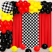 PRICES MAY VARY. Abundant Quantity: these car theme birthday decorations include 2 red backdrop curtains, 1 black and white grid backdrop curtain, 50 latex balloons in black, yellow and red, 1 black and white grid foil balloon, along with essential accessories like 1 roll of red ribbon, 1 roll of balloon chain, and 1 roll of balloon sticker dot totaling 100 pieces; With essential decorations in one package, you'll have what you need for a complete car themed party setup Size Information: in thes