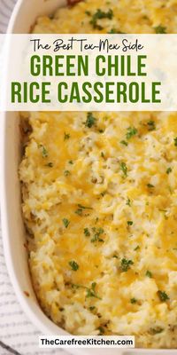 This Cheesy Green Chili Rice Casserole is a quick and easy side dish to serve alongside any of your favorite Tex-Mex dishes.  It has all of the cheesy, creamy comforting goodness that you look for in a rice casserole, and it’s a perfect way to use up leftover rice.  #rice #texmex #ricecasserole #mexican food