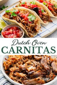 Slowly roasting pork shoulder in zesty spices with a touch of citrus in a cast iron Dutch oven yields tender, flavorful Mexican pulled pork. Serve the crispy Dutch oven carnitas in warm corn tortillas, on a fresh salad, alongside chips and guac, or on a bed of easy Spanish rice.