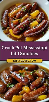 Crock Pot Mississippi Lit'l Smokies are slow-cooked sausages with a tangy, savory flavor from ranch seasoning and pepperoncini. Ingredients: 1 lb little smokies 1 packet ranch seasoning 1/4 cup pepperoncini juice 1/4 cup butter A zesty, slow-cooked snack for effortless entertaining