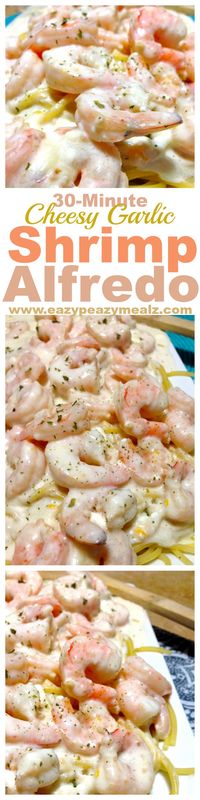 30 minutes for this cheesy garlic alfredo packed with shrimp and flavor! Perfect for a busy weeknight meal. Yum! - Eazy Peazy Mealz