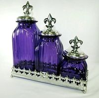 Purple Glass | Set of 3 Purple Glass Canisters with Fleur de Lis Lids and Tray