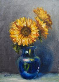 Sunflowers in Cobalt Blue Vase,  Oil on 5"x7" Linen Panel by Carolina Elizabeth