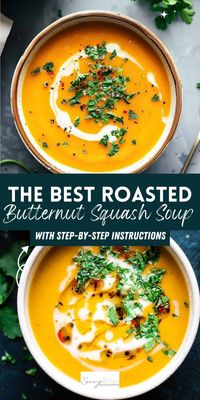 Healthy butternut squash soup with warming spices and roasted garlic. An easy fall soup recipe that's freezer-friendly and full of flavor.