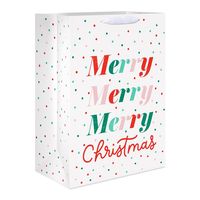 Spread some Christmas cheer with this Jumbo Christmas Gift Bag! The festive design features the words “Merry Merry Merry Christmas” surrounded by multicolored polka dots. The bag is enhanced with a gold tinsel tassel. It’s perfect for any Christmas celebration! This bag is the ideal gift-wrapping solution for so many items – its jumbo size means it can hold large electronics, toys, clothing, multiple smaller gifts, and more! Complete your gift presentation with tissue paper (sold separately) for the perfect finishing touch.