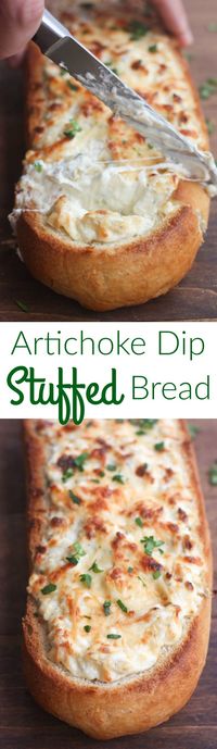 Artichoke Dip Stuffed Bread - our favorite hot artichoke dip recipe stuffed into a delicious crusty baguette. Makes a great, easy party appetizer!| Tastes Better From Scratch