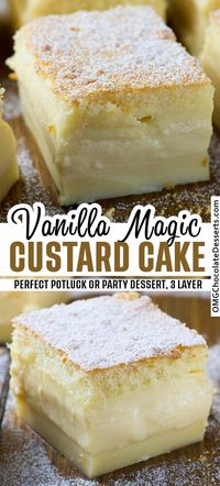 Easy Vanilla Magic Custard Cake is an easy dessert that could be perfect for a potluck or a party. One simple batter that turns into 3 different layers when baked.