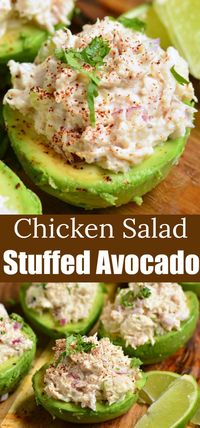 Stuffed Avocado makes a healthy meal made with creamy, ripe avocados stuffed with easy rotisserie chicken salad and flavored with seasoning and lime juice. #avocado #chicken #chickensalad #healthydinner