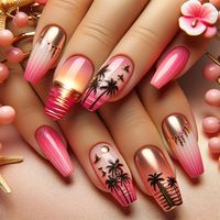 Beautiful infusion of pink palm tree nail art! 🌸💖 The gradient from soft sandy beige to vibrant pink creates a stunning visual of a beach at sunset, while the gold foil silhouettes of palm trees and seashells now have a touch of pink for an extra pop. The addition of delicate, pink-hued seashells and starfish among the palm trees brings the theme together, marrying the warmth of the beach sunset with the charm of pink and the luxury of gold.