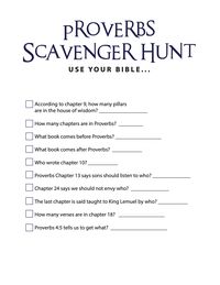 FREE Proverbs Bible Scavenger Hunt! Print and play this fun Bible Scavenger Hunt with your Children's Ministry, Sunday School, Christian School, or Homeschool. Kids can see how quickly they can search for different clues found in the book of Proverbs. This printable goes great with our Books of the Bible Children's Ministry Curriculum. Click the STOPWATCH to see more Bible Games For Kids!