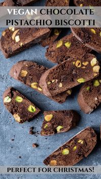 Vegan chocolate pistachio biscotti – these easy vegan biscotti cookies are delicious, chocolaty, easy to make and perfect for dunking! They keep really well so are perfect for giving as handmade gifts. Eggless and dairy-free. #veganbaking #vegancookies #veganbiscuits #eggless