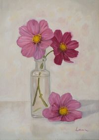 An original oil painting of three pink cosmos flowers in a tiny jar. Painted from life in my studio. Painting size: 18cm x 13cm (unframed)