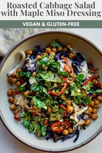 This Roasted Cabbage Salad is topped with an easy and creamy maple miso dressing, which helps load this bowl with flavor. Fresh, easy to make and packed with nutrients.