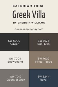 When using Greek Villa for exterior walls, these trim colors can enhance its appeal: Caviar (SW 6990): A deep, inky black that provides a dramatic and elegant contrast. Caviar’s rich, dark color makes Greek Villa stand out, adding sophistication and depth to your home’s exterior. Seal Skin (SW 7675): A rich, dark brown-black that adds sophistication. Seal Skin’s warm, dark hue complements the warmth of Greek Villa, creating a cohesive and elegant exterior look.