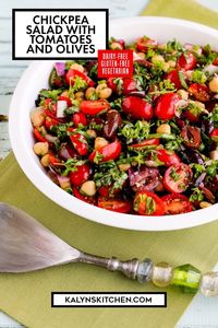 I used fewer beans and more tomatoes, olives, and herbs for a more carb-conscious version of Chickpea Salad with Tomatoes and Olives. If Chickpeas are not your favorite, use a different type of bean for this tasty vegetarian salad. [found on kalynskitchen.com] #ChickpeaSaladTomatoesOlives #ChickpeaSaladTomatoes #ChickpeaSaladOlives